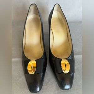 Bally Black Heels with Gold Accent Bow